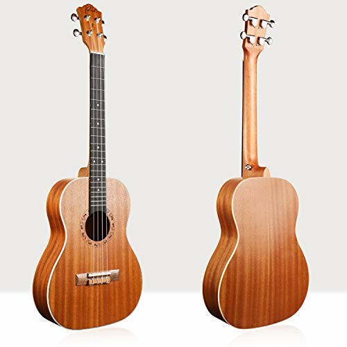 Front and back view of an acoustic ukulele with wooden finish.