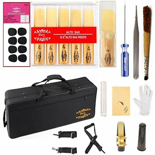 Alto saxophone accessory kit with reeds, case, and tools.