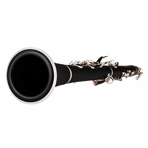 Close-up of a black clarinet with silver keys.