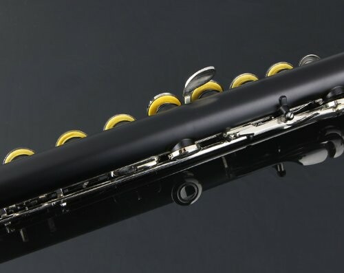 Close-up of a black flute with gold accents