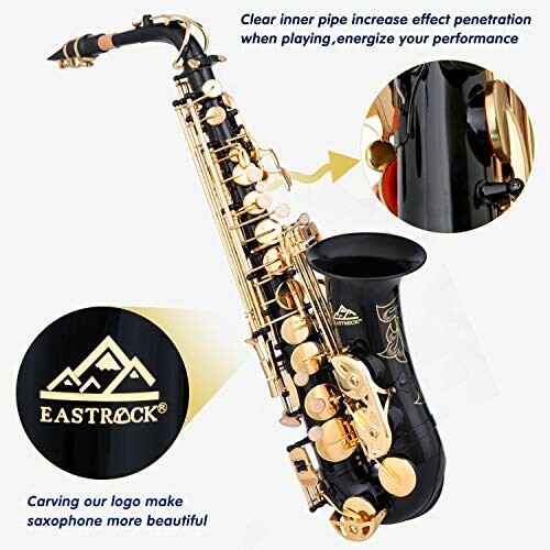 Black and gold saxophone with Eastrock logo and detailed features.