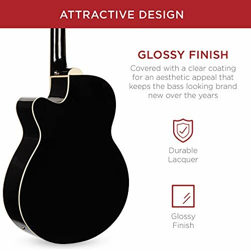 Black guitar with glossy finish and durable lacquer.