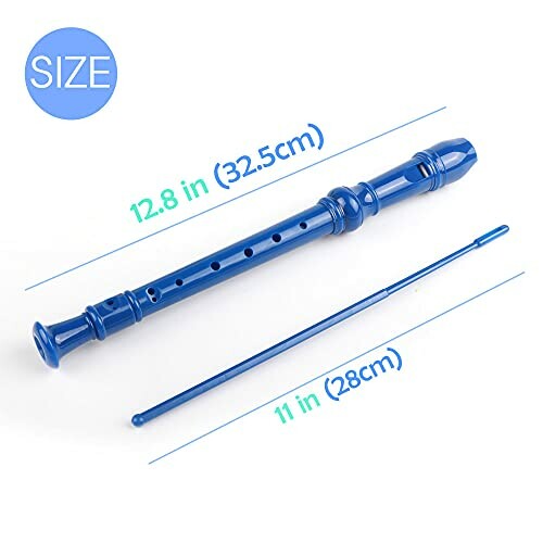 Blue recorder instrument with size dimensions.