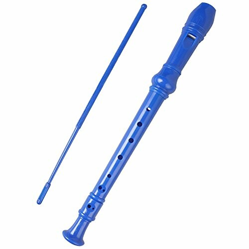 Blue plastic recorder instrument with cleaning rod.