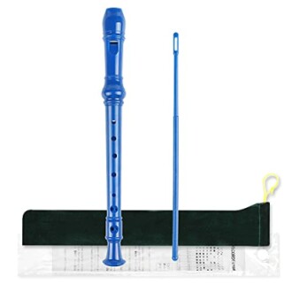 Blue soprano recorder with cleaning rod and case.