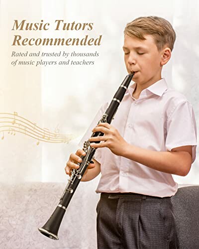 Boy playing clarinet with text recommending music tutors.