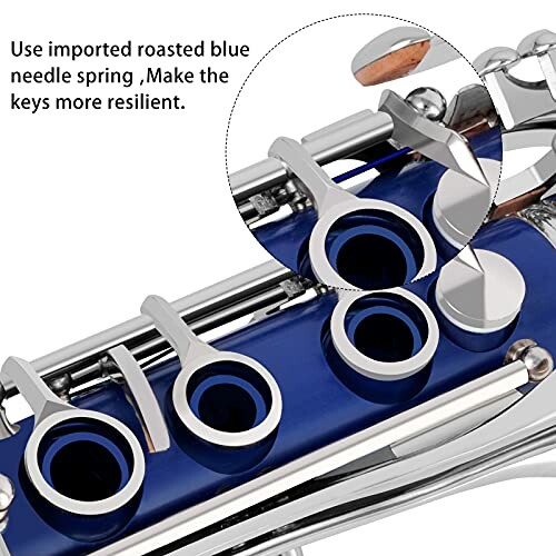 Close-up of clarinet keys with text about imported roasted blue needle spring.