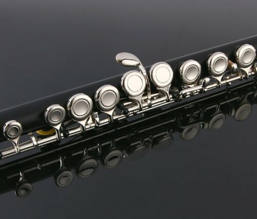 Close-up view of flute keys on a glossy surface