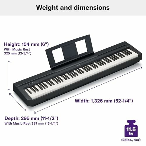 Digital piano with height, width, and depth dimensions, and weight.