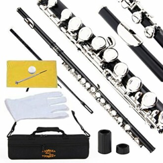 Flute with accessories including gloves, cleaning rod, and case.