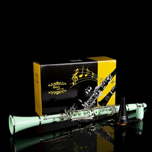 Green clarinet with box and accessories on black background.