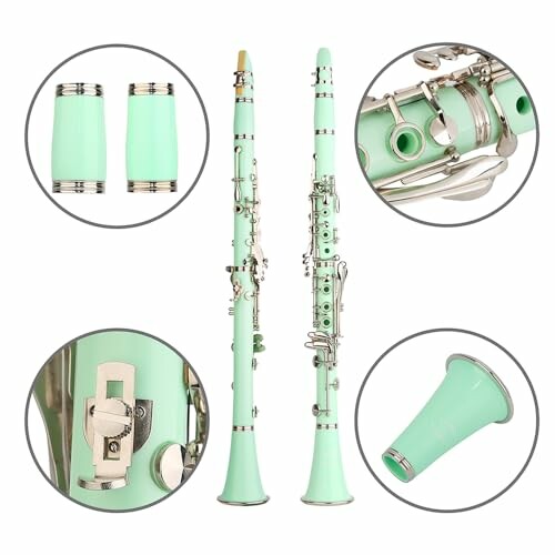 Mint green clarinet with detailed views of its parts.