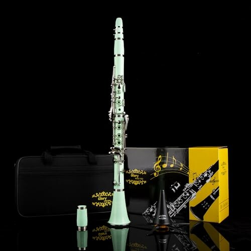 Mint green clarinet with case and accessories on display