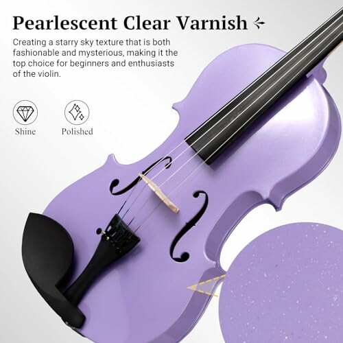 Purple violin with pearlescent clear varnish and descriptive text.