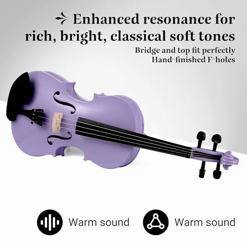 Purple violin with text about enhanced resonance for rich classical tones.