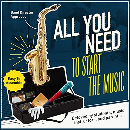 Saxophone starter kit with accessories and case, labeled 'All You Need to Start the Music'.