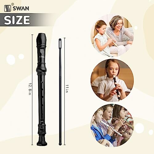 Swan recorder and cleaning rod with family and children playing music.