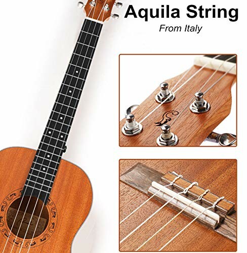 Ukulele with Aquila strings from Italy, close-up of headstock and bridge.