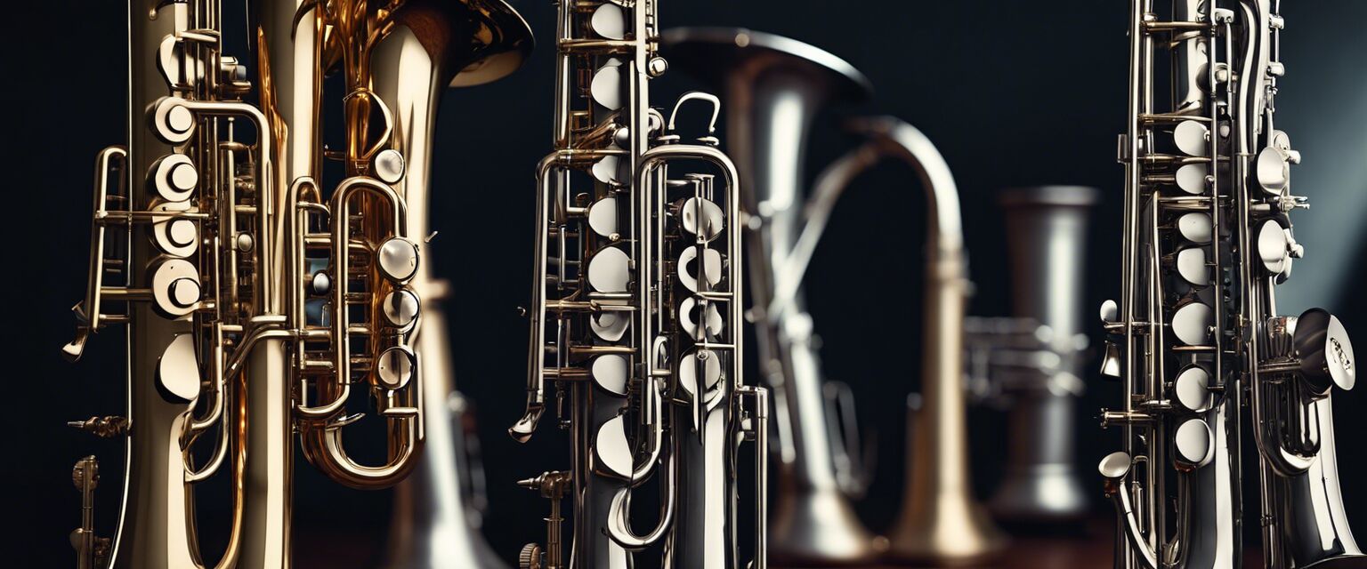 Woodwind instruments such as saxophone, flute, and clarinet within a band environment.